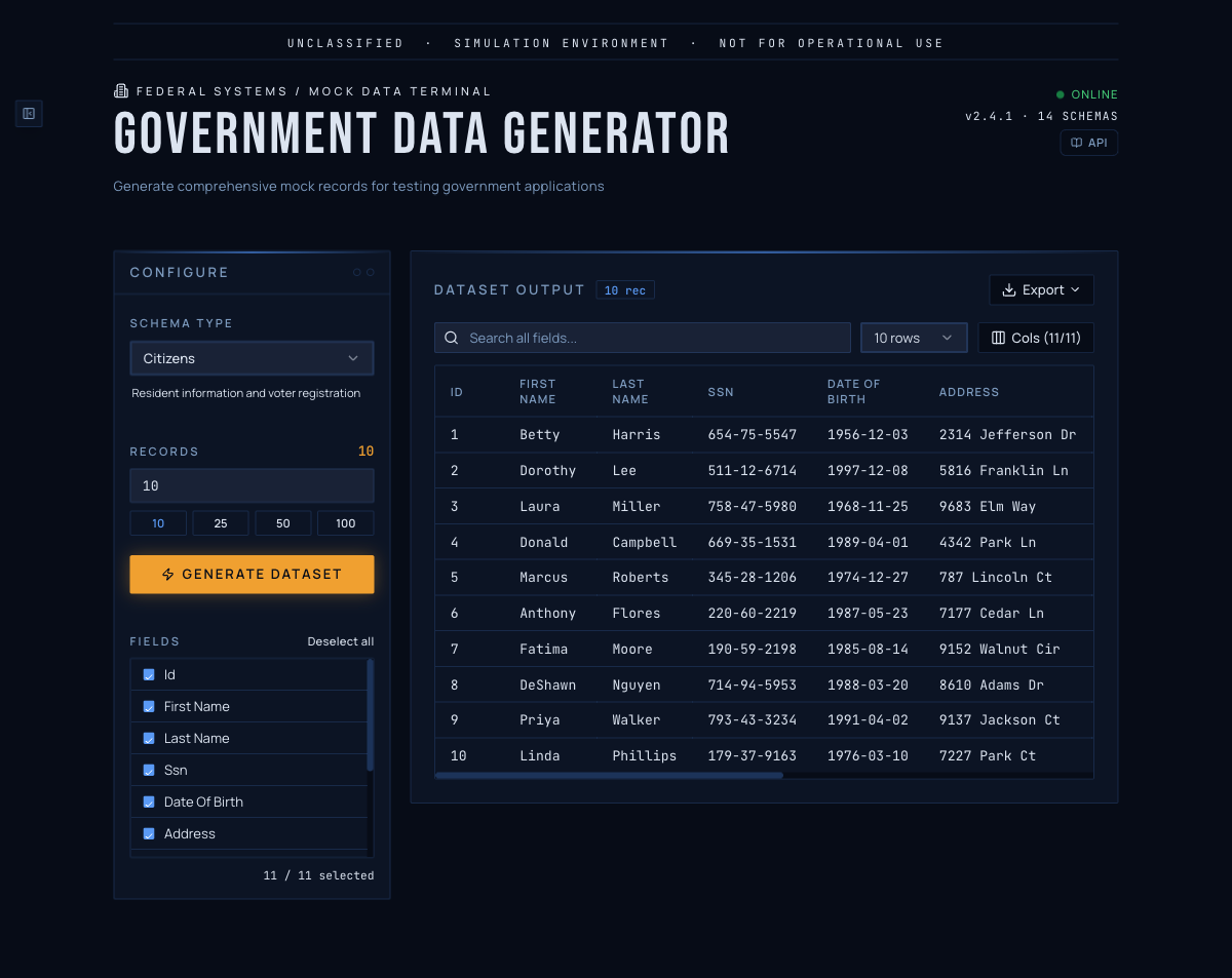 Gov Data Generator screenshot